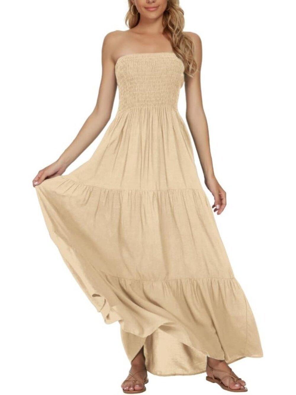 Women's Light Khaki Tube Top Off Shoulder Boho Beach Long Maxi Dress